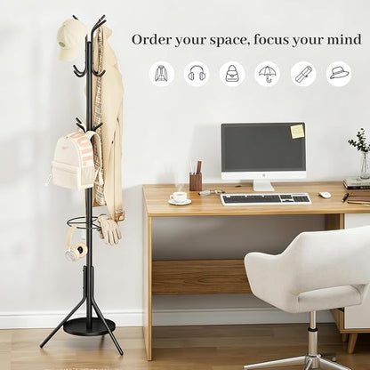 Kitsanery Coat Rack Freestanding,Metal Coat Tree with Umbrella Holder,Hat and Coat Rack Stand for Entryway, Hallway, Living Room, Bedroom (Black)