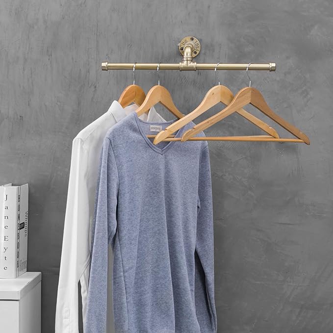 MyGift 20-inch Industrial Brass-Tone Metal Pipe Wall Mounted T-Bar Hanging Clothing Rack