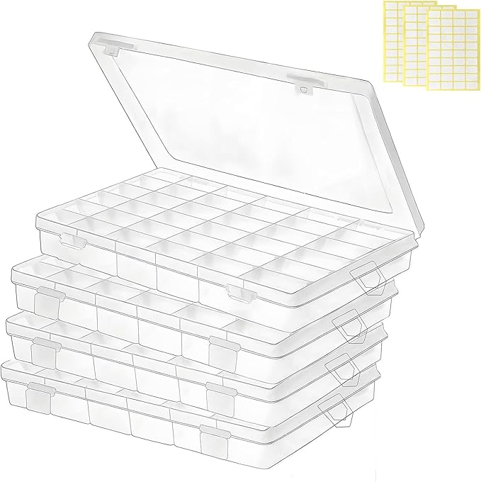 MERATIA Plastic Organizer Container Box,36 Large Grids Clear Plastic Organizer Box with Adjustable Dividers Craft Organizers (Clear-4pack-144 Grids)