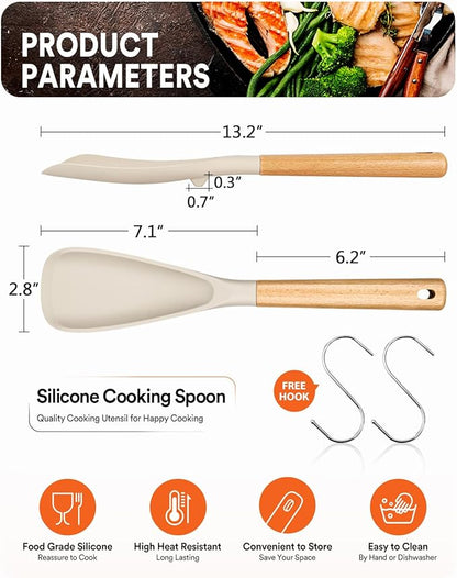 Cooking Spoon for Nonstick Cookwares, Great for Cooking and Serving Sturdy BPA-Free Matte Silicone, Wood Handle Spoon for Mixing, Scoop, and Scrape (2 Pack of Khaki, 13.4 inch)