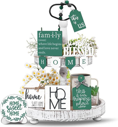 11 Pcs Home Tiered Tray Decor Spring Ustic Farmhouse Tiered Tray Decorations Set Home Wooden Signs Vintage Farm Animal Farmhouse Tabletop Wood Signs for Kitchen Table Shelf Decor