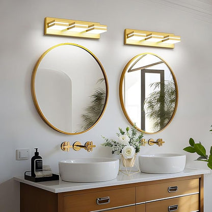 Modern LED Small Bathroom Lights Fixtures(3-Light),Metal Gold Acrylic Wall Lighting,Vanity Lights for Bathroom Over Mirror(6000k 16in)