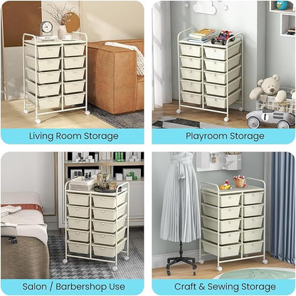 LDAILY 10 Drawer Rolling Cart, Storage Cart Organizer on Wheels, Drawer Cart with Metal Frame & Large Storage Capacity, Rolling Cart with Drawers for Living Room Classroom, Office