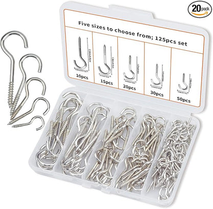 125 Pieces of Screw Cup Hook Set 5 Sizes Ceiling Small Hooks Wardrobe Decoration Hanging Accessories for Hanging Outdoor or Indoor use (0.98" 1.41" 1.57" 1.96" 2.36") (Silver)