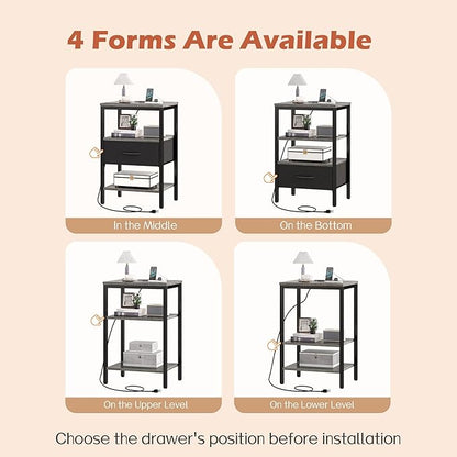 SUPERJARE Nightstand Set of 2, Bed Side Tables with Charging Station, Adjustable Fabric Drawer, Night Stand for Bedroom, 3-Tier Storage End Tables, for Living Room - Charcoal Gray