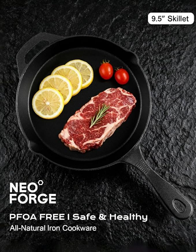 Cast Iron Skillets, 9.5 Inch Frying Pan with Teardrop Handle, Oven Safe, Durable Camping Cookware for Stove & Grill Use, Indoor/Outdoor