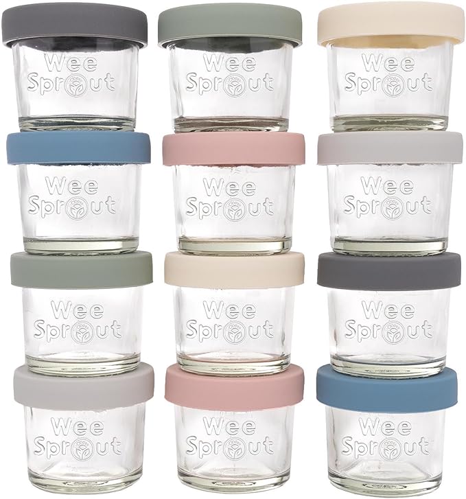 WeeSprout Glass Baby Food Storage Jars with Silicone Lids (4 oz, 12 Pack Set) Snack, Puree, Reusable Small Containers, Breast Milk, Fridge or Freezer, Essential Must Have for Infants