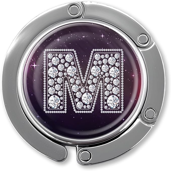 Funny Diamond Initial Purse Hook Gifts - Silver Diamond Letter M - Foldable Purse Holder for Table - Round Handbag Hanger for Women - Birthday Gifts for Family, Coworker, Friend, Boss Lady