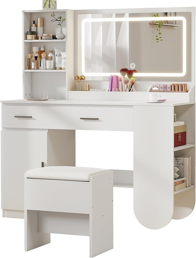 GOODONE 47'' Wood Vanity Desk with Mirror and Lights, Makeup Girls Vanity Set with 2 Drawers, 2 Storage Shelves & 1 Cabinet, Power Outlet, Stool, Dressing Table for Bedroom, White