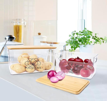 Potato & Onion Storage, Bamboo Lid, Transparent Acrylic Bin, 2 Set Stackable, Pantry & Kitchen Organizer