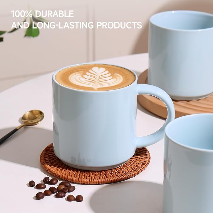 Coffee Mugs Set of 4, Stoneware Coffee Cups with Comfortable Handle, 16oz Ceramic Mugs for Kitchen & Office, Dishwasher & Microwave Safe - Blue