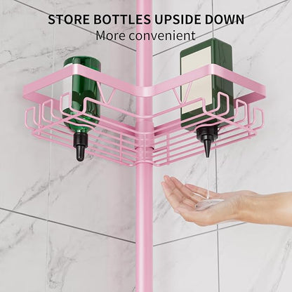 DAOYA Corner Shower Caddy Tension Pole - Pink - Rustproof Adjustable Bathroom Organizer Shelf for Shampoo, 25–114.2 Inch Shower Rack for Renters, Apartments