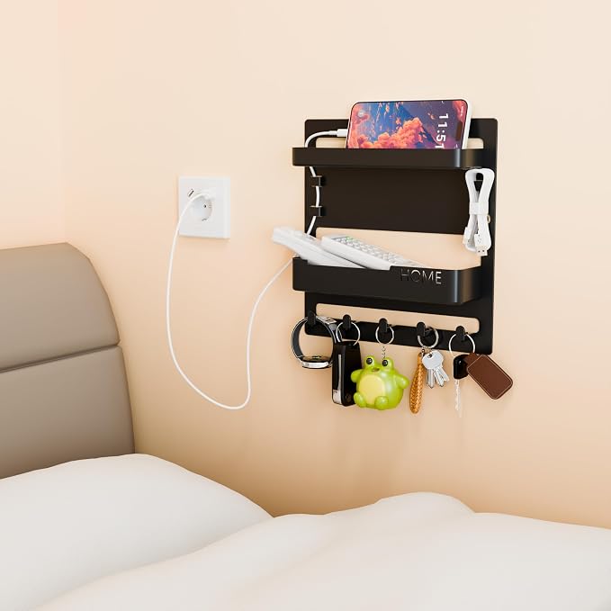 Yieach Bedside Shelf for Dorm Bed,Rv,Small Room and Nightstand,Wall Mounted Floating Shelves and Bedside Wall Organizer for Remote,Phone Holder,Charging Shelf,Cute Bedroom Decor for College Girl,Black