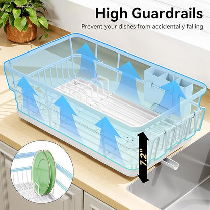 TOOLF Dish Drying Rack, Dish Racks for Kitchen Counter, Stainless Steel Sink Organization and Storage Essentials with Cutlery Holder, Dish Drainer, Home and Appartment Decor, 12.4''W x 16.5''L, White
