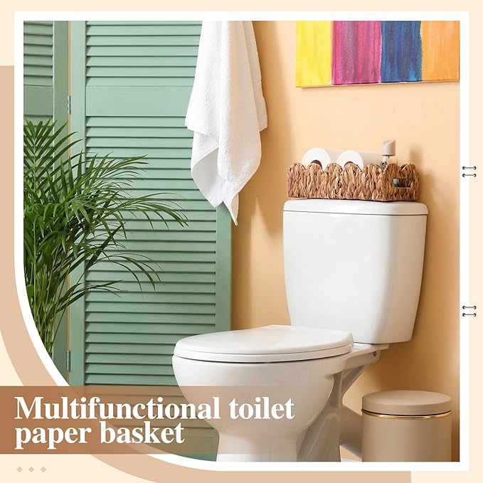 3 Pack Water Hyacinth Toilet Paper Basket for Organizing Scalloped Edge Wicker Basket with Handles Toilet Tank Paper Holder Storage for Bathroom Bedroom Countertop Shelf Decor(Brown)