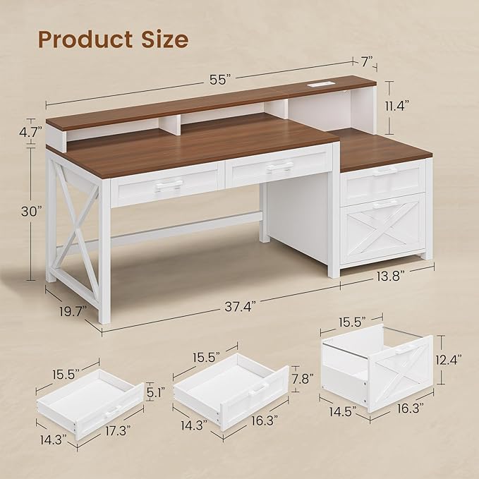SEDETA Farmhouse Home Office Desk with File Drawer & Power Outlet, Computer Desk with 4 Drawer, Storage Shelves, Printer Cabinet and Monitor Shelf, Gaming Desk with Led Lights, White