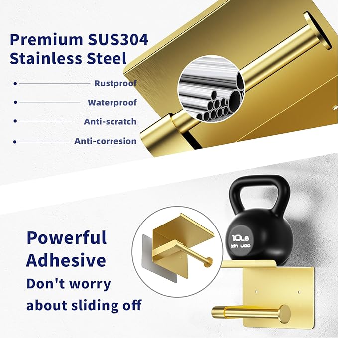 Brushed Gold Toilet Paper Holder Wall Mount, Fits Mega Rolls Size Rustproof Self Adhesive Brushed Brass Toilet Paper Holder Gold with Shelf