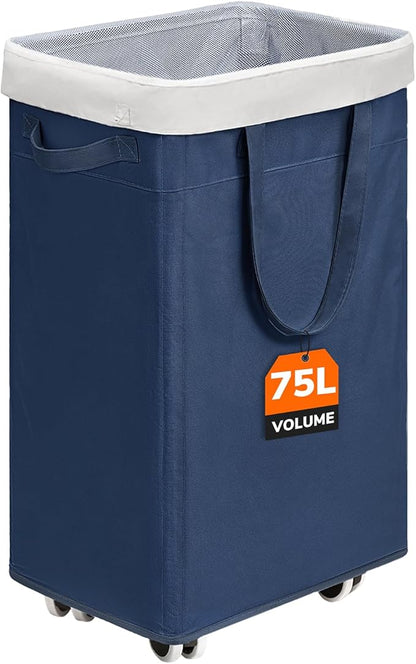 CHICVITA Laundry Basket with Wheels, 75L Laundry Hamper for Dirty Clothes, College Dorm Essentials, Clothes Hamper for Livng Room, Blue