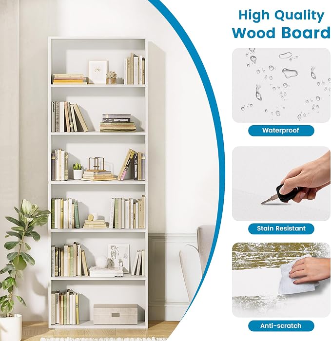 GRUSIGN 71" Tall 6-Tier Bookshelf, Large Open Display Bookcase with Ample Storage, Floor Standing Book Shelf for Living Room, Home Office, Bed Room, White