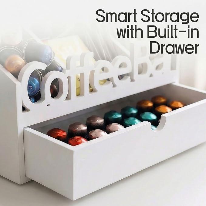 Coffee Bar Organizer for Countertop – Wooden Coffee Station with Drawer, Tea and K Cup Storage Condiment Rack, Coffee Pod Holder for Home and Office Organization (Drawer - White)