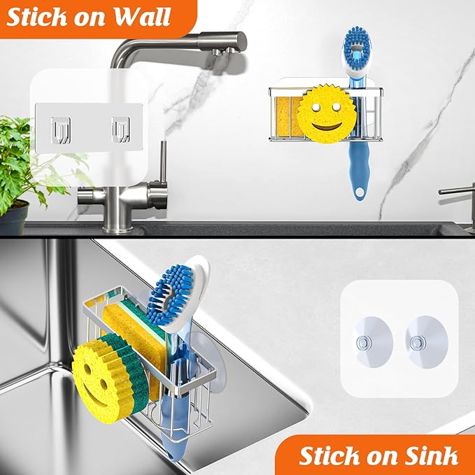 MURLONG Sponge Holder Smiley Face,Sink Caddy for kitchen Sink,Sponge Holder with 2 PCS Suction Cups/1 PCS Adhesive Strips,Designed for Sponge,Soap,Dish brush,Scrubber-Silver