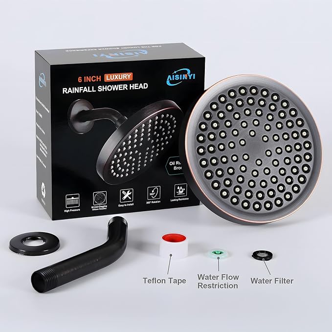 High Pressure Rainfall Shower Head, 6 Inches Showerhead with Perfect Adjustable Replacement, Removable Restrictor, Easy Installation for Bathroom Shower Head (Oil Rubbed Bronze+Shower Arm)