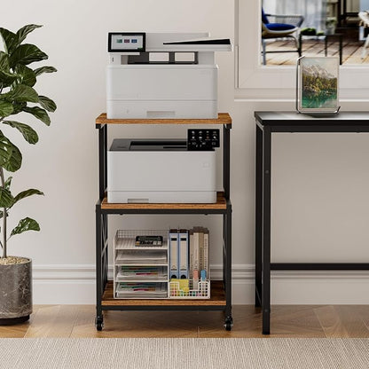GreenForest Printer Stand with Lockable Wheels, Heavy Duty Printer Table | 3-Tier Storage Shelf, Fit 2-3 Printers/3d/Heat Press/Laser, Rolling Cart for Home Office, Small Spaces, 19.7"x17.7", Walnut