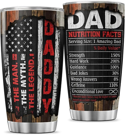Funny Dad Gift with Nutrition Facts, Rustic American Design Stainless Steel Tumbler, 20oz Insulated Coffee Cup for Father, Husband, Grandpa, Birthday, Father's Day Present