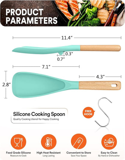 Cooking Spoon for Nonstick Cookwares, Great for Cooking and Serving Sturdy BPA-Free Matte Silicone, Wood Handle Spoon for Mixing, Scoop, and Scrape (GREEN, 11.4 inch)