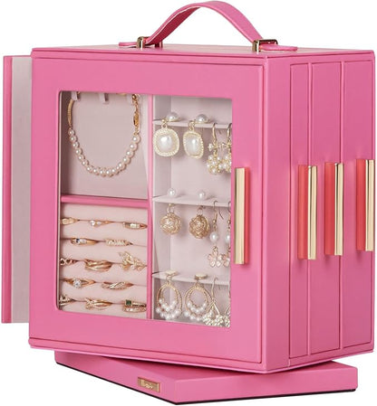 Homde Jewelry Box 360° Rotating, Necklace Earring Organizer with Transparent Window, Mirror, 7 Drawers, Large Ring Display Storage Case for Girls Women (Pink)