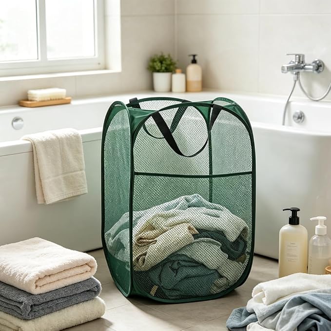 Larpur Pop Up Laundry Hamper Collapsible Laundry Basket, Portable Mesh Clothes Hamper, Dark Green