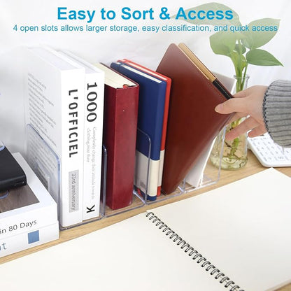 Marte Vanci Clear Acrylic File Sorter, Sturdy Desk File Organizer Shelf Book Holder Purse Handbag Clutch Divider File Folder Rack for Letter Cookbooks Home Office Kitchen Supplies 4 Sections (4 Pcs)
