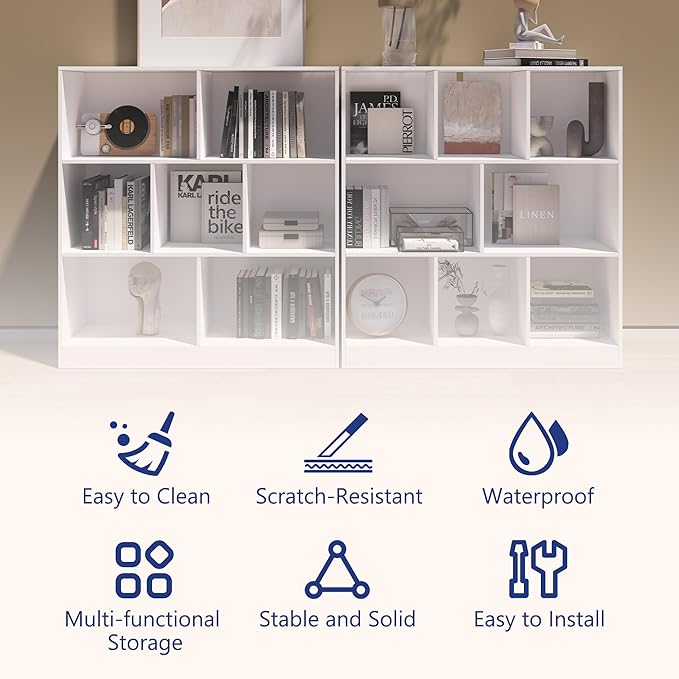 7-Cube Wooden Bookshelf with Base,3-Tier Freestanding Open Storage Organizer,Multi-Functional Bookcase for Living Room,Bedroom,Study and Office (White, 7-Cube)
