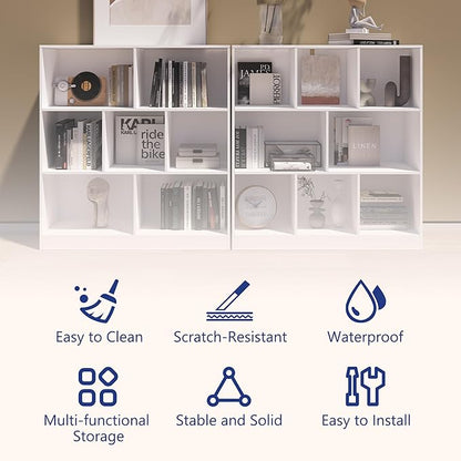 7-Cube Wooden Bookshelf with Base,3-Tier Freestanding Open Storage Organizer,Multi-Functional Bookcase for Living Room,Bedroom,Study and Office (White, 7-Cube)