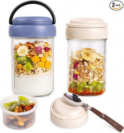 Overnight Oats Containers with Handles & Lids – 16oz Glass Mason Jars with Spoons & Fruit Compartments, Meal Prep Breakfast Jars, 2 Sets (Cream, Dark Blue)