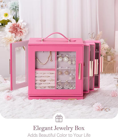 Homde Jewelry Box 360° Rotating, Necklace Earring Organizer with Transparent Window, Mirror, 7 Drawers, Large Ring Display Storage Case for Girls Women (Pink)