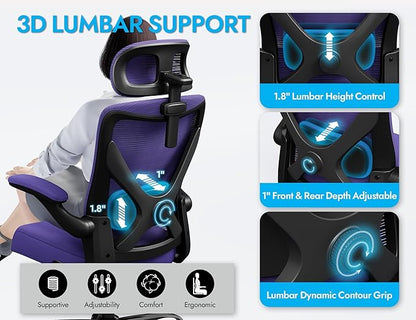 Office Chair - Ergonomic Office Chair with Back Support, Ergonomic Computer Chair - Home Office Desk Chairs, 330lbs Wide Seat Big and Tall Office Chairs with Headrest, Comfy Desk Chairs (Purple)