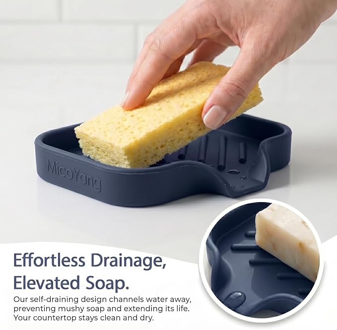 MicoYang Silicone Soap Dish with Drain Spout, Self-Draining Sink Organizer Tray for Bathroom and Kitchen, Sponges, Dispensers & Soap Holder, Non-Slip & Dishwasher Safe, Navy Blue (Compact, 4.9"×3.2")