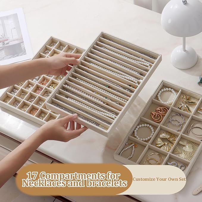 Large Velvet Jewelry Tray 2 Pack Stackable Jewelry Display Drawer Inserts Trays Organizer for Earring Bracelet Necklace Ring (Beige, 16 Grids)