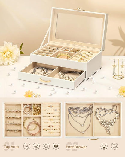 Jewelry Box with 1 Drawers: Display Organizer for Earrings Necklaces - Christmas Gifts for Girls Women (White)