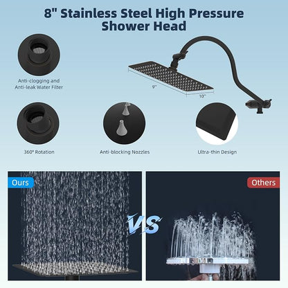 Hibbent All Metal Shower Head, 8'' High Pressure Rainfall Shower Head/Handheld Showerhead Combo with 12'' Adjustable Curved Shower Extension Arm, 10-Spray, 71'' Hose, Shower Holder, Oil Rubbed Bronze