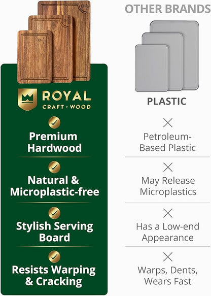 ROYAL CRAFT WOOD Wooden Cutting Boards for Kitchen Meal Prep & Serving - Bamboo Wood Serving Board Set with Deep Juice Groove Side Handles - Charcuterie & Chopping Butcher Block for Meat