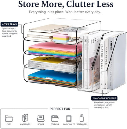 DCA Clear Acrylic Desk Organizer Set, 4 Tier Letter Tray with 2 Magazine File Holders, Clear Paper Organizer for Office, Home, School, Desktop File Storage for Documents, Books & Supplies