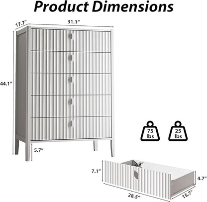 White 5 Drawer Dresser, Modern Tall Dresser for Bedroom, Fluted Wood Chest of Drawers with Deep Drawers for Clothes, Storage Cabinet for Bedroom, Living Rooms, Offices, Entryways