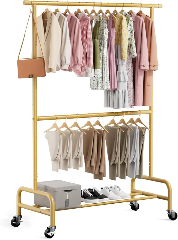 Abiglifty 2 Tier Clothes Rcks for Hanging Clothes, Heavy-Duty Clothing Rack with Wheels,150LBS Capacity, 42" W X15 D X 77" H Garment Rack with Bottom Shelf, for Bedroom, Living Room, Gold