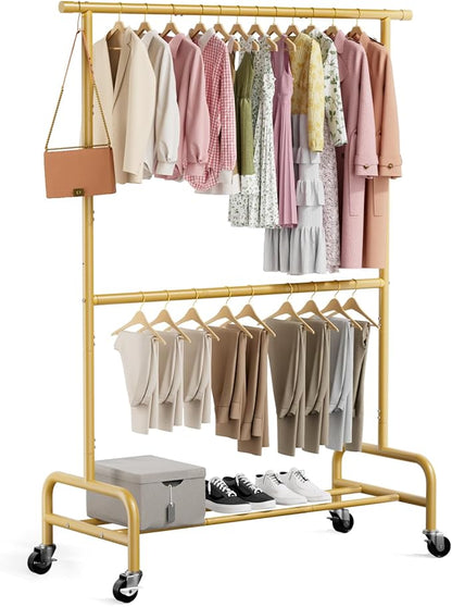 Abiglifty 2 Tier Clothes Rcks for Hanging Clothes, Heavy-Duty Clothing Rack with Wheels,150LBS Capacity, 42" W X15 D X 77" H Garment Rack with Bottom Shelf, for Bedroom, Living Room, Gold