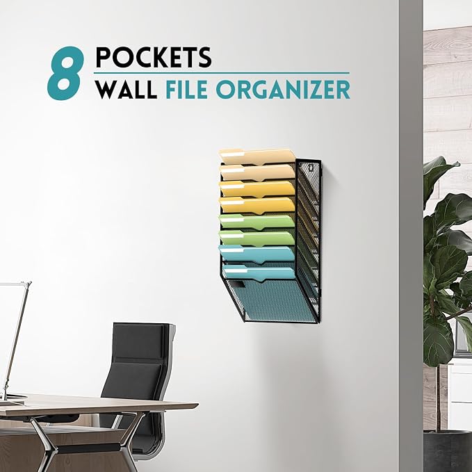 SUPEASY 8 Tier Wall File Organizer, Hanging Wall Mounted Mail Organizer with Label Slots, Metal Mesh File Holder Magazine Rack for Office, Home, School or Classroom, Black