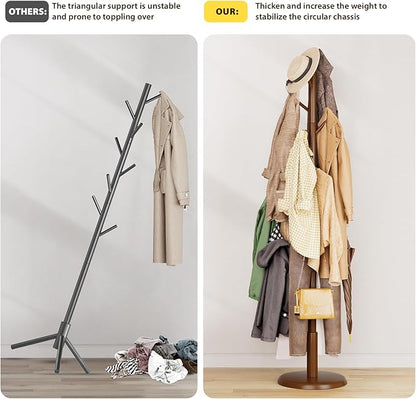 Solid Wood Coat Rack Freestanding Coat Tree with 10 Hooks for Bedroom, Livingroom, Entryway, Sturdy Coat Hanger Stand for Hats, Coats, Scarves, Handbags, Purses
