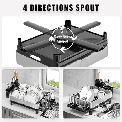 Ewaiira Dish Drying Rack, 304 Stainless Steel Dish Racks for Kitchen Counter, Dish Drainers with Automatic Drainage, Utensil Holder & Cups Holder, Space Saving Kitchen Organizer, Black