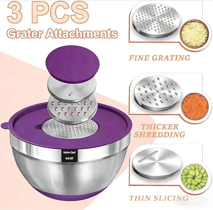Umite Chef Thickened Heavy-Duty 26pcs Stainless Steel Bowl, Mixing Bowl Set with Lid, Grater Attachment, Colorful Non-Slip Bottom and Kitchen Gadget Set, Sizes 7, 4, 2.5, 2.0, 1.5, 1QT